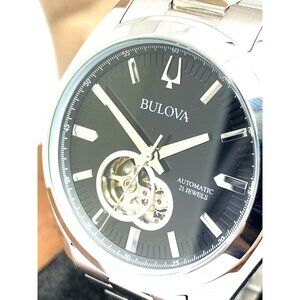 Bulova Men's Watch 96A270 Automatic Black Dial Open Heart Dial Silver Steel 42mm
